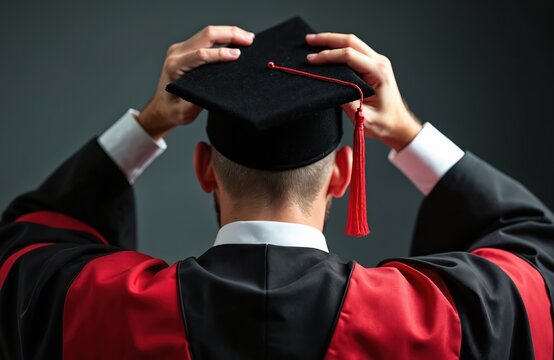 Man puts on graduation cap, wears academic regalia. Achievement, education, success, ceremony, pride symbolized. Professional, career milestone, intellectual pursuit, future.