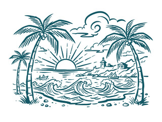 Beach vibes artwork for t shirt. Summer good vibes. Ocean wave artwork. Palm tree sketch. Tropical paradise design. © panji