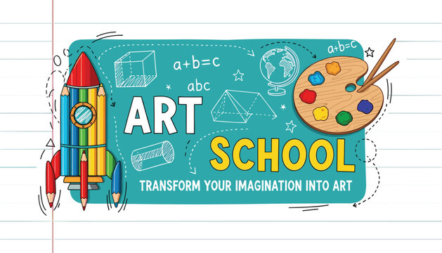 Creative art school banner design with pencil rocket ship palette and math sketches for education and imagination development concept vector illustration