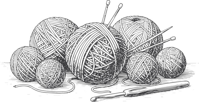 Balls of yarn with knitting needles and crochet hook