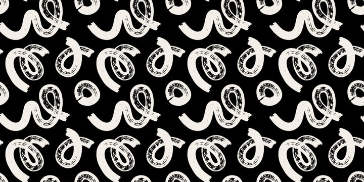 White marker squiggle seamless pattern on black background with curved lines, loops and spirals. Hand drawn doodle scribble texture in childlike expressive style. Abstract contrast pattern.
