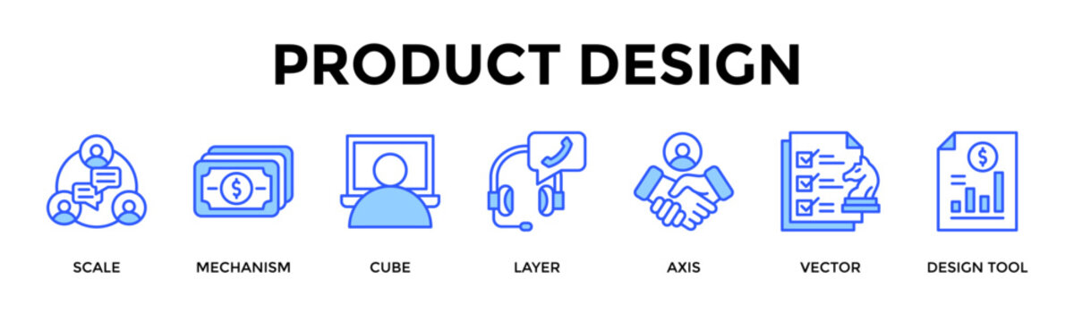 Product Design  Banner Web  Icon Set Collection Pack Vector Illustration Concept Containing Scale, Mechanism, Cube, Layer, Axis, Vector, Design Tool