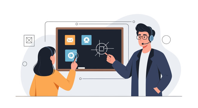Online education concept: teacher and student interacting with digital board and icons