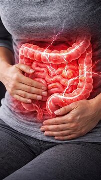Abdominal pain irritable bowel syndrome ibs digestive system intestine colon discomfort and inflammation, adult person holding belly with stomach cramp, gastrointestinal health medical symptom concept