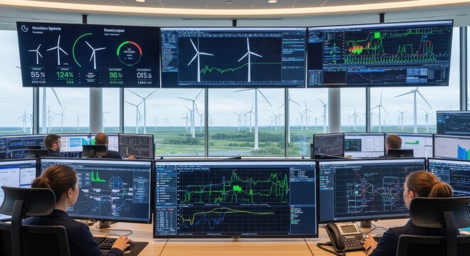 Wind farm operations hub showcases turbine performance data on multiple digital displays in a control room environment.