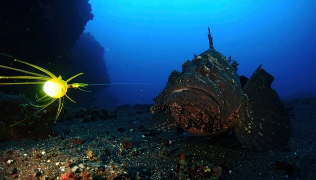 A large camouflaged stonefish waits on the dark seabed eyeing a brightly glowing yellow deep-sea fishing lure underwater