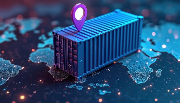 Blue shipping container with purple location pin sits on digital world map. Global transport and logistics concept. International cargo tracking and delivery.