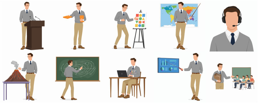 Modern Flat Design Male Teacher Character Educator Presenting Diverse Teaching And Learning Scenarios Collection
