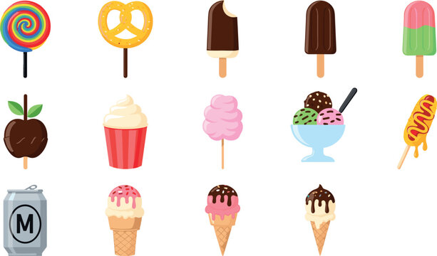 Sweet Treats and Snacks Collection Featuring Ice Cream, Lollipops, Pretzels, Cotton Candy, and More for Summer Desserts