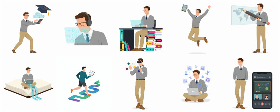Modern Flat Design Online Education Remote Work Digital Learning Virtual Reality Technology Concept Character Illustration Collection Set