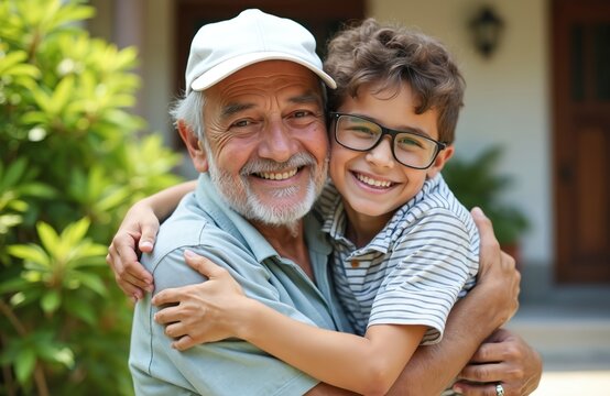 Happy grandson hugs smiling grandfather embracing warmly in daylight outdoors. Bond between generations, family love, grandparental care, and childhood joy.