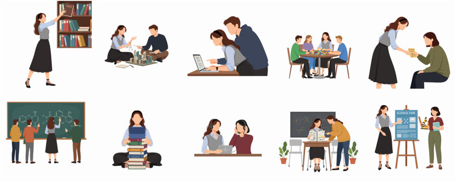 Flat Modern Illustration of People Engaged in Educational Activities, Studying, Learning, and Teaching Concept Collection