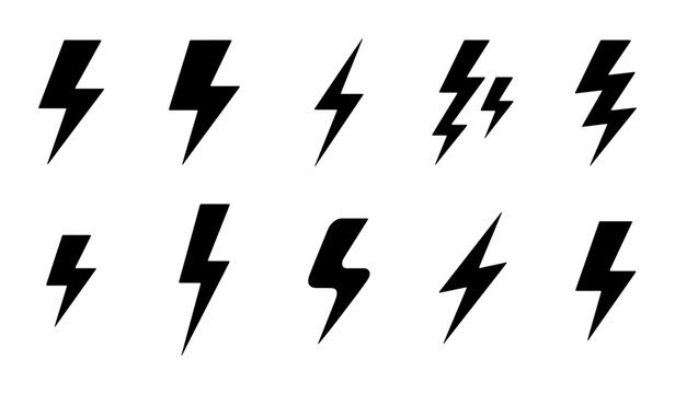 Lightning bolt icon set with 10 black vector elements, electric power symbols for energy and speed, minimalist thunderbolt graphic collection