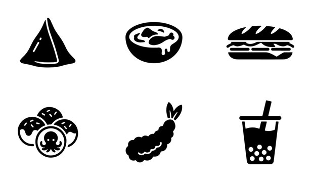 Asian street food icon set, 6 black solid vector symbols of takoyaki and samosa, japanese cuisine and bubble tea icons for restaurant menu