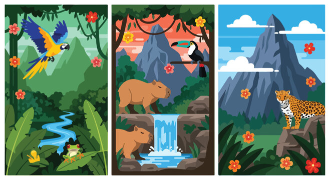 Vibrant vector graphic illustration of amazon rainforest animals and lush landscapes, featuring macaws, jaguars, capybaras, and toucans.