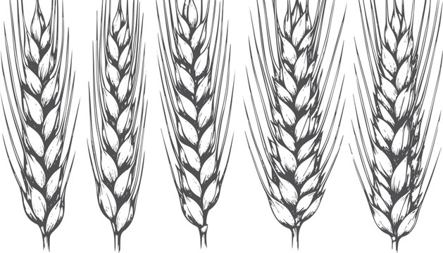 Five hand drawn wheat stalks, black and white