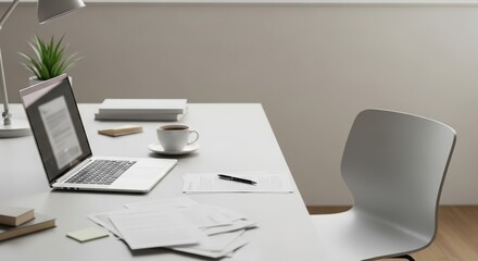 Naklejka premium Minimal office workspace with chair pulled back from desk, representing transition moments, breaks, or end-of-day workflow completion