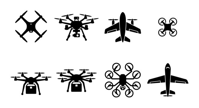 Modern drone icons set, black quadcopter and hexacopter silhouettes, 8 aerial vehicle vector elements for delivery and surveillance logistics