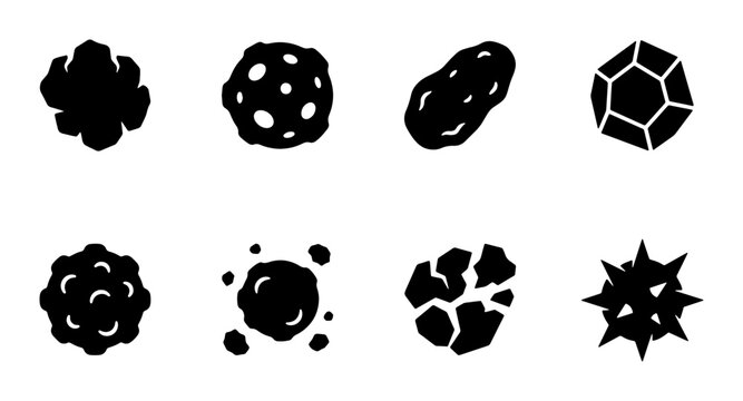 Black asteroid icons set, flat vector space rock silhouettes, collection of 8 celestial meteor and comet symbols for astronomy UI design