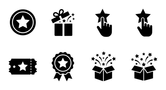 Loyalty program icon set, black reward symbols for marketing, 8 vector icons featuring gift boxes, stars, and bonus points for customer engagement