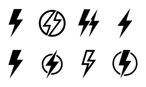 Lightning bolt icon set, black electric flash symbols, minimalist power and energy vector elements, 8 thunderbolt signs for logo design