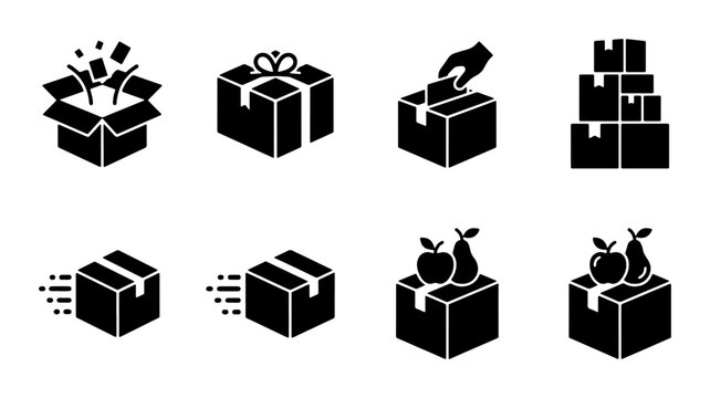 Logistics and shipping box icons set, black solid delivery package symbols, 8 vector elements for e-commerce and warehouse storage tracking