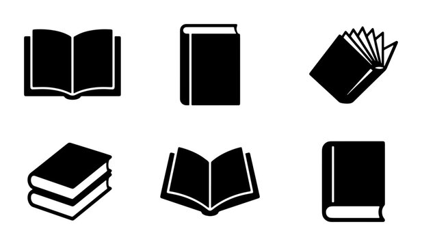 Minimalist book icon set with 6 black vector symbols, open and closed textbook silhouettes, library and education graphic elements for web design