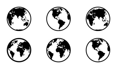 Obraz premium Minimalist world globe icons set, black earth map silhouettes from different angles, 6 vector planet spheres for global business and travel logistics
