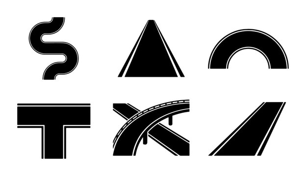 Minimalist road map icons set, black asphalt highway symbols, 6 vector street navigation elements for urban planning and traffic design