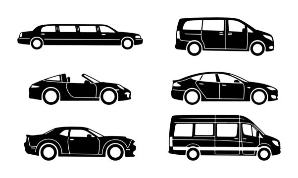 Black car silhouettes set, 6 vehicle icons including limousine and van, flat transport vector graphics, automotive side view collection