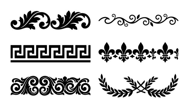Vintage ornamental borders and dividers set, classic greek key and fleur de lis vector elements, elegant black filigree scroll and laurel wreath