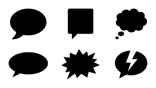 Minimalist black speech bubble icons set, 6 flat vector chat cloud silhouettes, comic thought bubbles and communication symbols for UI design