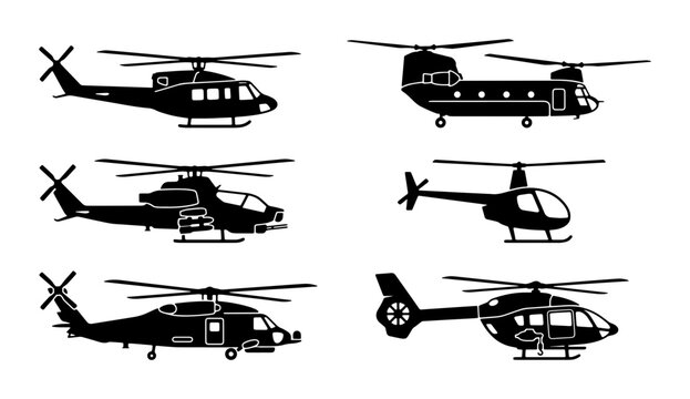 Military and civilian helicopter silhouettes set, 6 black aircraft vector icons, transport and emergency aviation collection for infographics