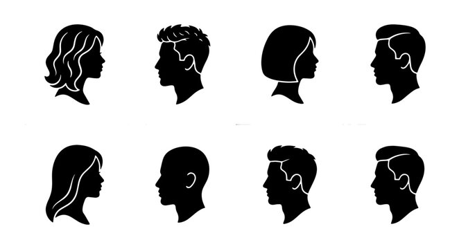 Minimalist human profile silhouettes, set of 8 male and female head icons, black vector avatar collection for user interface and social media design