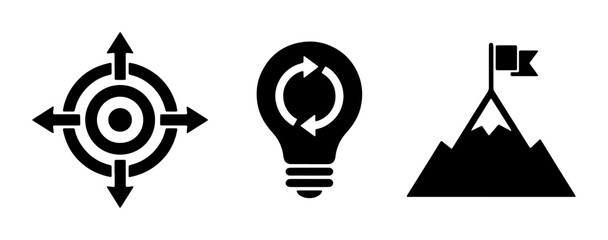 Fototapeta premium Minimalist business strategy icons set, black flat vector symbols of target expansion, lightbulb with recycle arrows, and mountain peak with flag