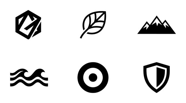 Minimalist nature logo set with 6 black vector icons, geometric mountain and leaf symbols, organic wave and shield branding elements for corporate identity