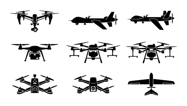 Unmanned aerial vehicle drone silhouettes, set of 9 black uav vector icons, military and commercial quadcopter aircraft collection for technology design