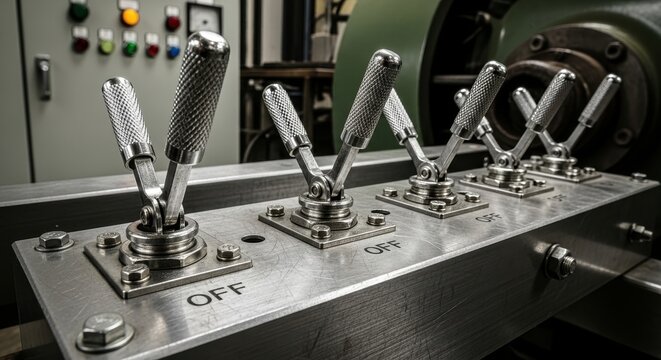 Row of Heavy Duty Industrial Metal Toggle Switches Mounted on a Control Panel