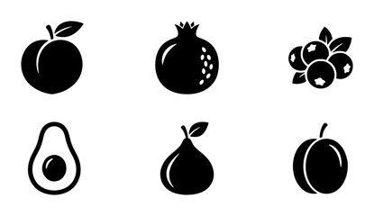 Minimalist fruit icon set, black silhouette fruit vector collection of 6 elements, modern pomegranate avocado and berry symbols for food packaging © Nabila