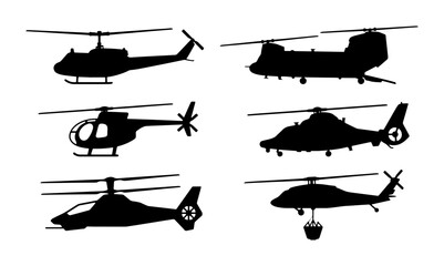 Military helicopter silhouettes set, 6 black vector aircraft icons, transport and rescue chopper collection, aviation and defense design elements © Nabila