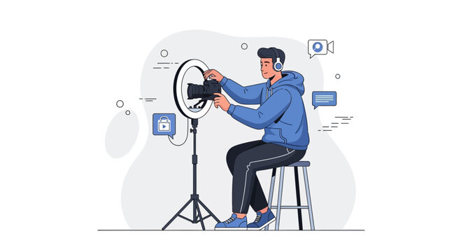 Young man filming with camera and ring light, vlogger setup, content creation concept