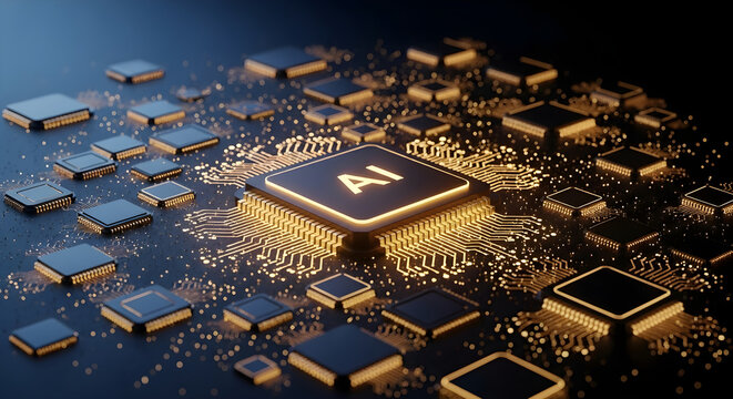 Artificial intelligence concept with a central processor chip on a circuit board