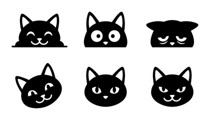 Black cat head icons set, minimalist feline emoji vector collection, cute kitten facial expressions and character avatars for web design © Saidul
