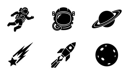Minimalist outer space icon set, black solid astronaut and rocket ship symbols, 6 galaxy exploration vector elements for science education © Saidul