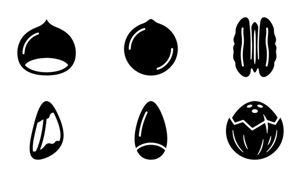 Minimalist nut icon set with 6 vector elements, black solid nut silhouettes including hazelnut and pecan, organic food symbols for packaging design