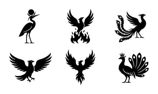 Mythical phoenix bird silhouette collection, set of 6 firebird and peacock icons, ancient egyptian heron and eagle symbols for logo design