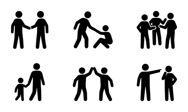 Black stick figure icons set representing human interaction, social behavior pictograms, people communication and teamwork vector symbols