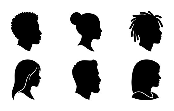 Diverse profile silhouettes of men and women, collection of 6 human head side view icons, black vector avatars with various hairstyles and textures
