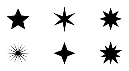 Obraz premium Minimalist black star icons set, geometric sparkle and twinkle vector shapes, collection of 6 decorative starburst and celestial symbols for graphic design