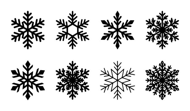 Minimalist black snowflake icons set, 8 winter ice crystal vector silhouettes, geometric frozen snow flake shapes for Christmas holiday design